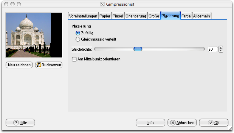 Eigenschaften (Platzierung) für das Filter GIMPressionist